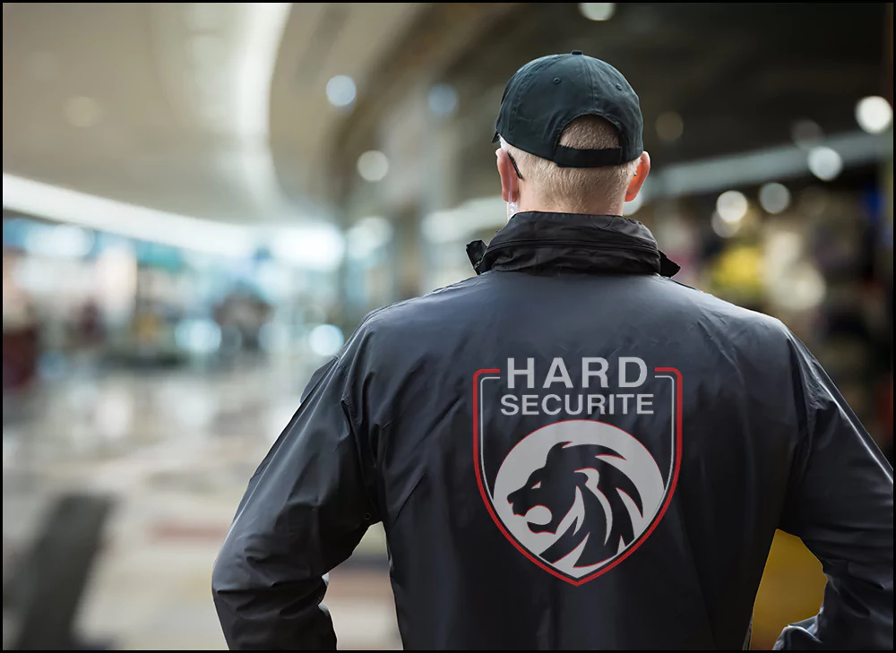 Agent de sécurité à Ait Melloul, portant un uniforme noir clair avec le logo 'HARD SECURITE', surveillant la scène, illustrant les services de gardiennage dans la région.