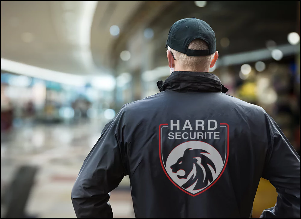 Agent de sécurité à Marrakech, portant un uniforme noir clair avec le logo 'HARD SECURITE', surveillant la scène, illustrant les services de gardiennage dans la région.
